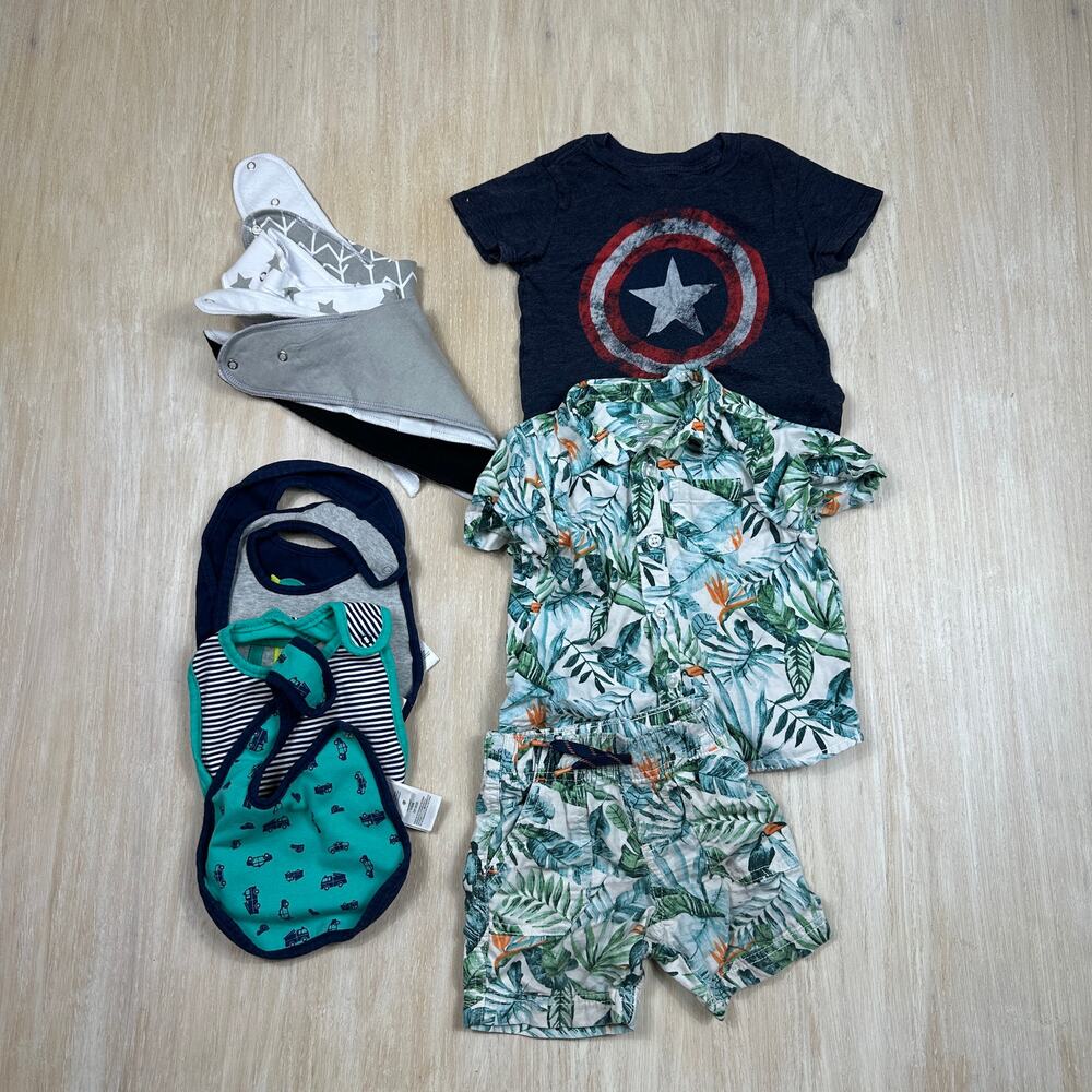 Baby Boy Lot 18M Wonder Nation Outfit Bibs Eating Captain America Shirt 10 Piece